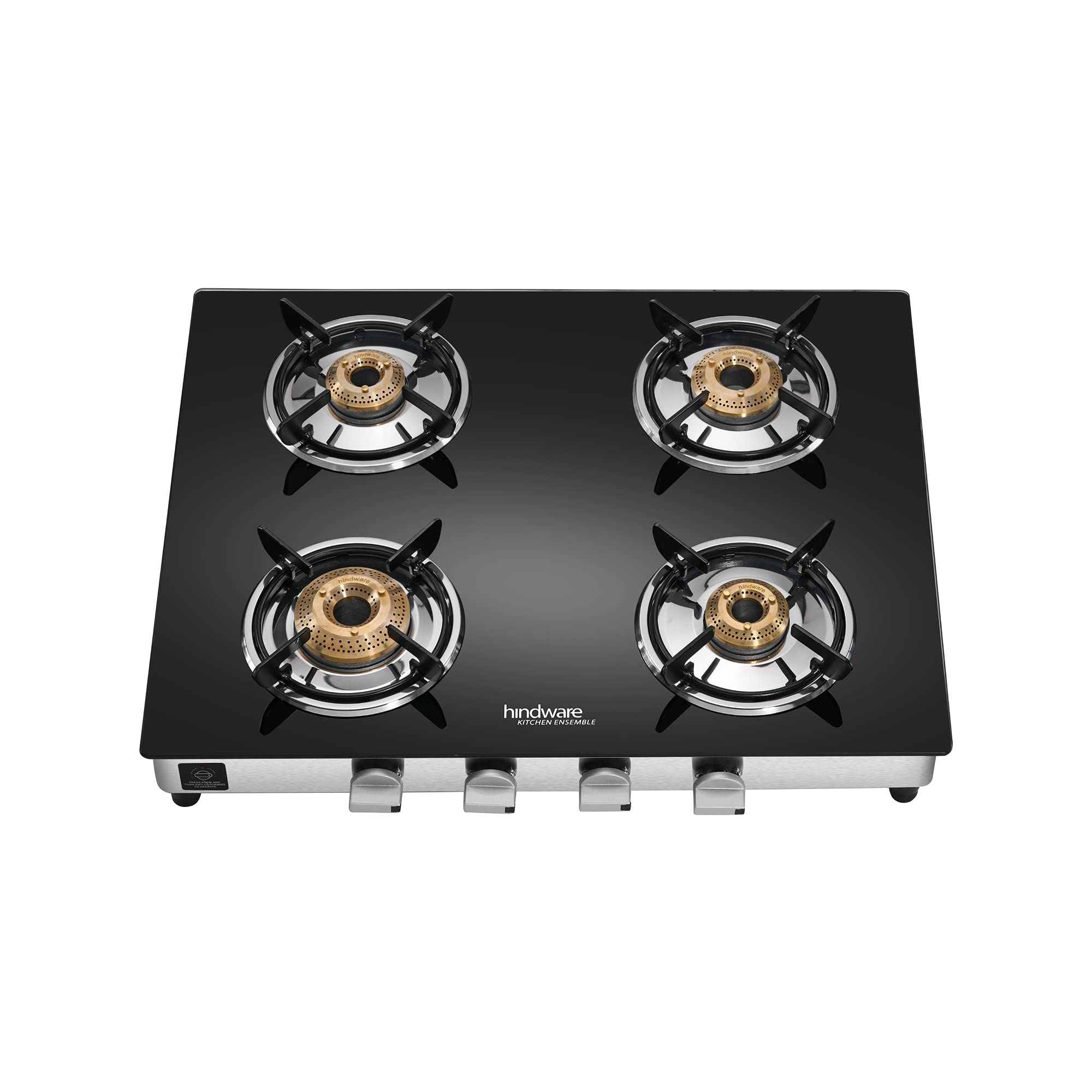 Hindware ARMO Plus 4 Burner Glass Gas Stove with Scratch Resistant Powder Coated Body and Heavy Duty Corossion Resistant Brass Burner (Black & Silver, Manual Ignition)