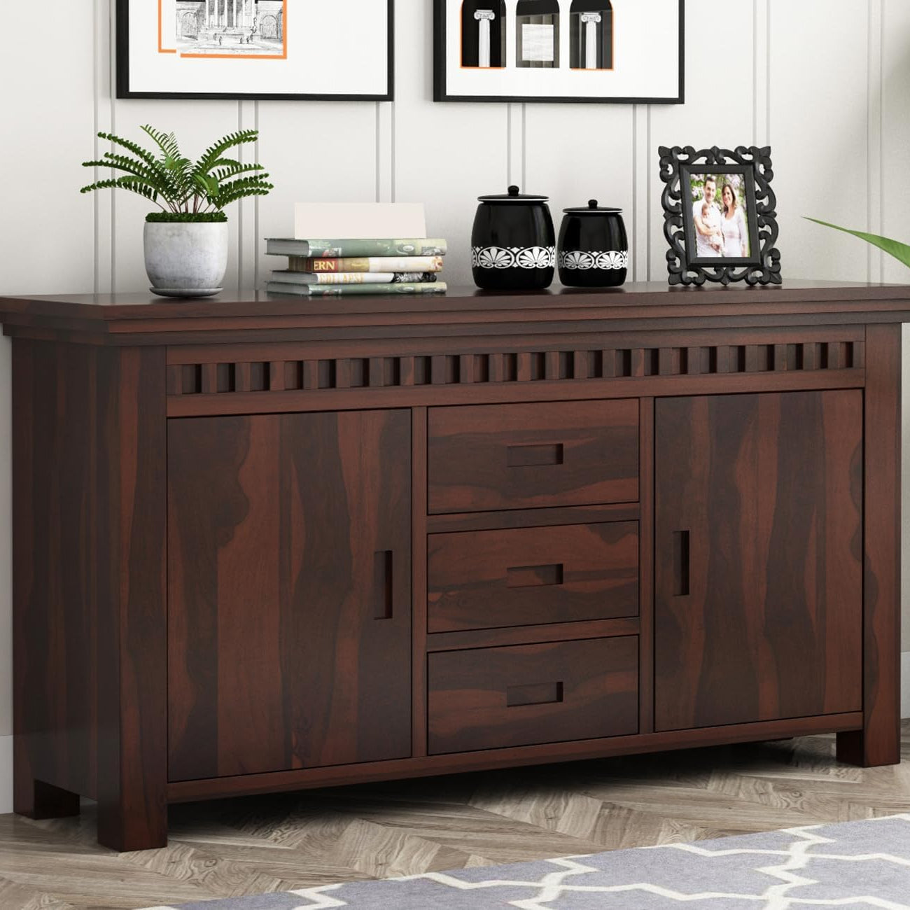 SHIKHA WOOD CRAFT Sheesham Wood Sideboard Cabinet with 3 Drawer and 2 Door Storage for Living Room Home and Office (Walnut Finish)