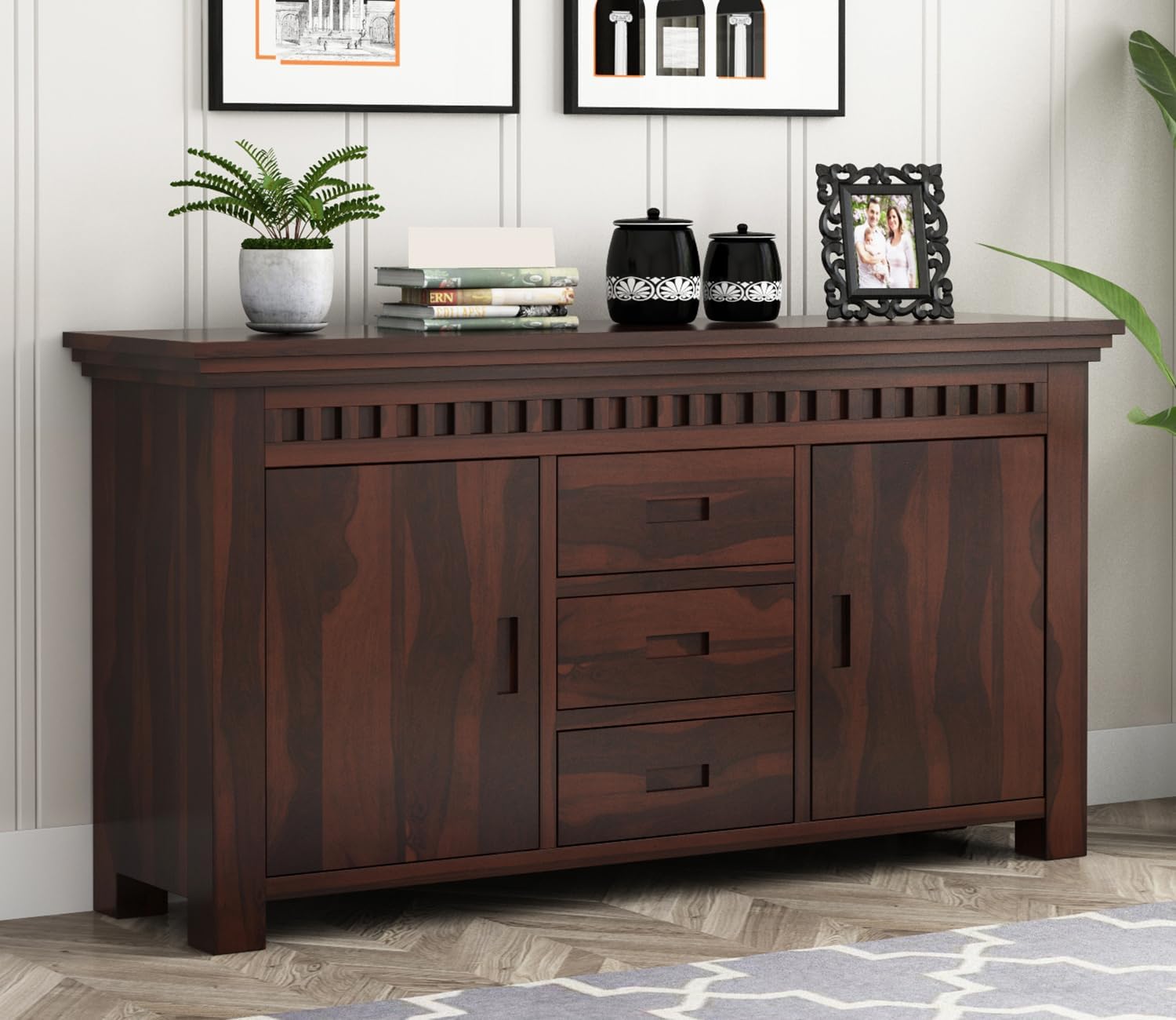 SHIKHA WOOD CRAFT Sheesham Wood Sideboard Cabinet with 3 Drawer and 2 Door Storage for Living Room Home and Office (Walnut Finish)