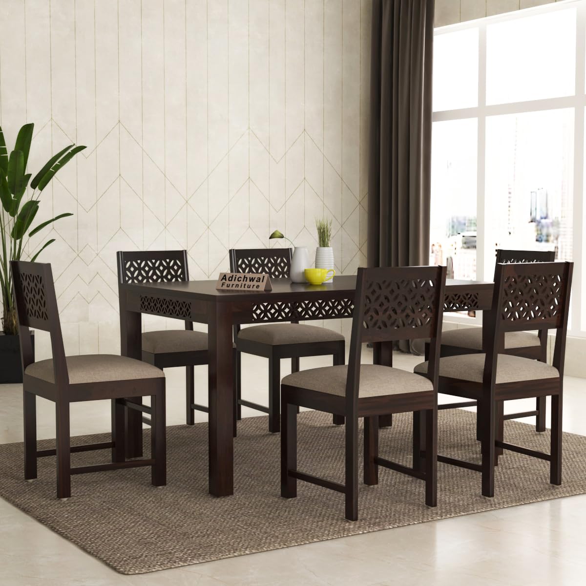 Adichwal Furniture Solid Sheesham Wood 6 Seater Dining Table Set with Cushioned Chairs for Dining Room | Living Room | Home & Office | Hotels Restaurant & Cafe (6 Seater, Walnut A)