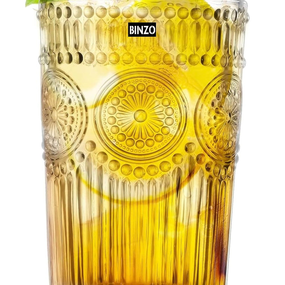 BINZO Drinking Glasses, Clear, Set of 6, 350 ml, Premium Beautiful Glassware for Water, Juice, Beer, Cold Drinks, Highball Glass, Ribbed Floral Design Tumblers MultiUse.