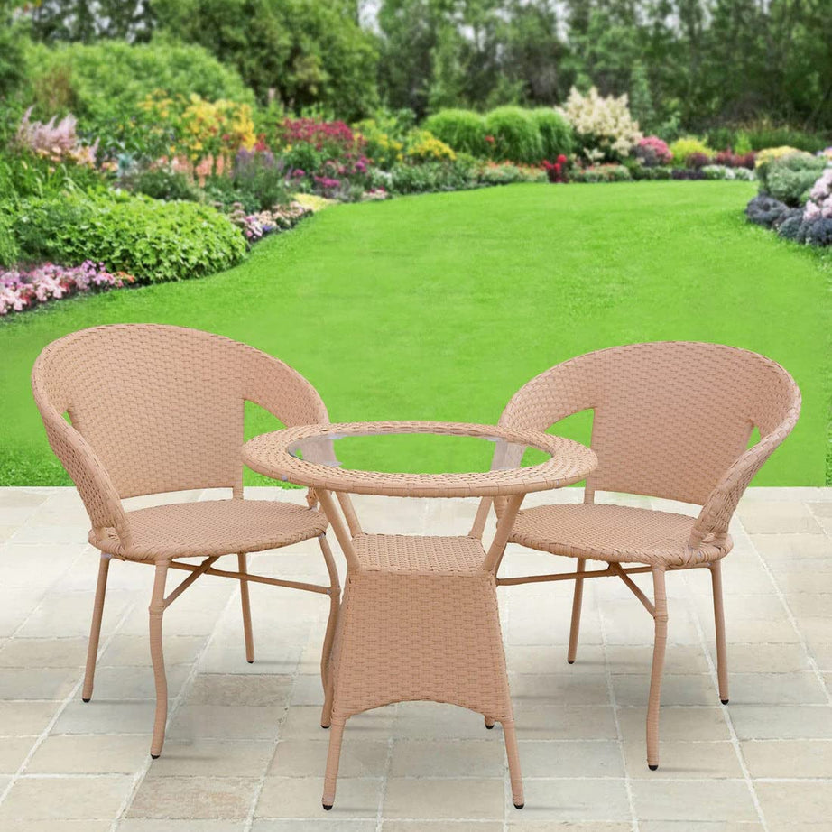 Corazzin Patio Seating Chair And Table Set Of 3 Outdoor Furniture Garden Patio Seating Set 2 Chairs & 1 Table Balcony Furniture Coffee Table Sets - (Light Brown) - Hdpe Rattan Uv, 24 Inch