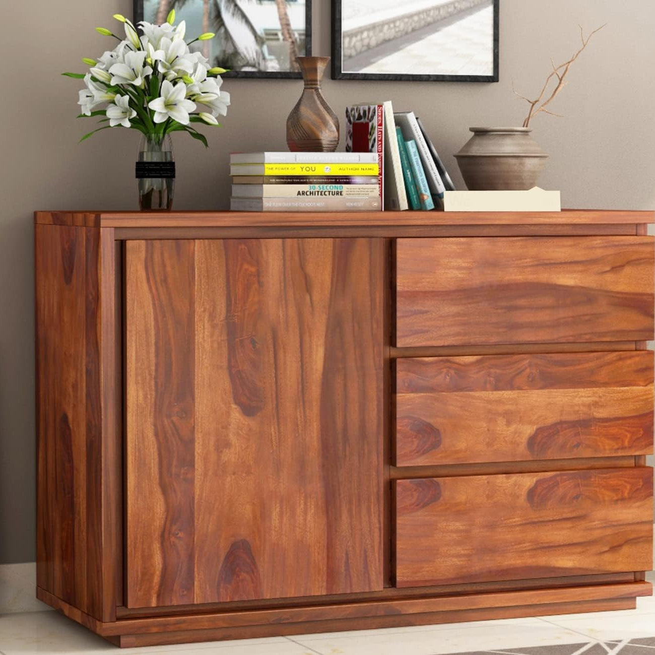 ONIJA Sheesham Wood Chests of Drawers Bedroom || Kitchen Cabinet Storage || Wooden Sideboard Cabinets || Crockery Cabinet Unit || Home Kitchen Furniture || Multipurpose Storage Cabinet, Honey Teak