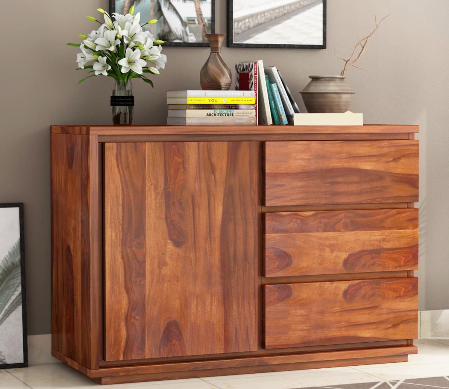 ONIJA Sheesham Wood Chests of Drawers Bedroom || Kitchen Cabinet Storage || Wooden Sideboard Cabinets || Crockery Cabinet Unit || Home Kitchen Furniture || Multipurpose Storage Cabinet, Honey Teak