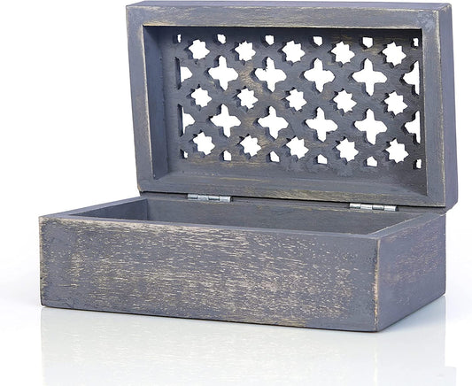 White Lift Decorative Box Wooden Jewelry Box with Trellis Design - Wood Storage Box - Can be used as Stash Box, Jewelry Box, or Trinket Box(Rustic Grey)