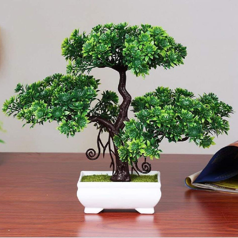 Dekorly Artificial Bonsai with Plastic Pot (Green, 1 Piece)