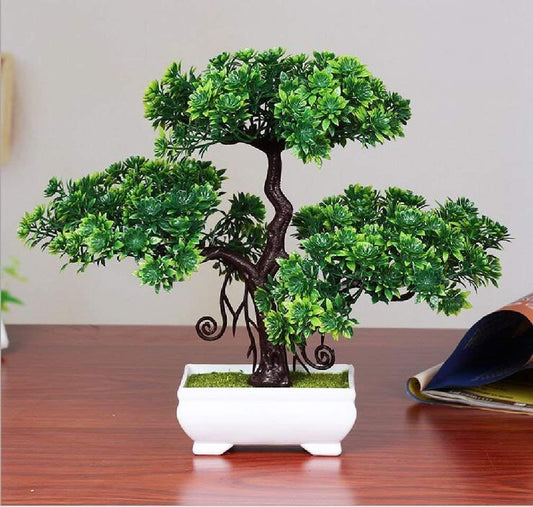 Dekorly Artificial Bonsai with Plastic Pot (Green, 1 Piece)