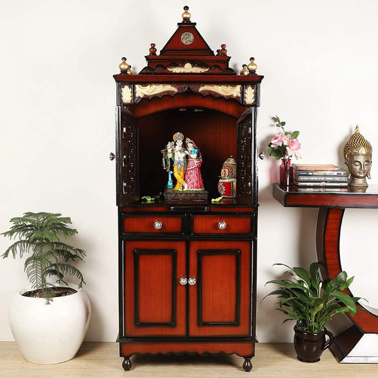 DZYN Furnitures Suramya Floor Rested Solid Wood Mandir for Home Big Size/Pooja Stand/Teak Wood Mandir/Hand Crafted Temple with Door/Large Size Wooden Temple for Home (Brown Gold)