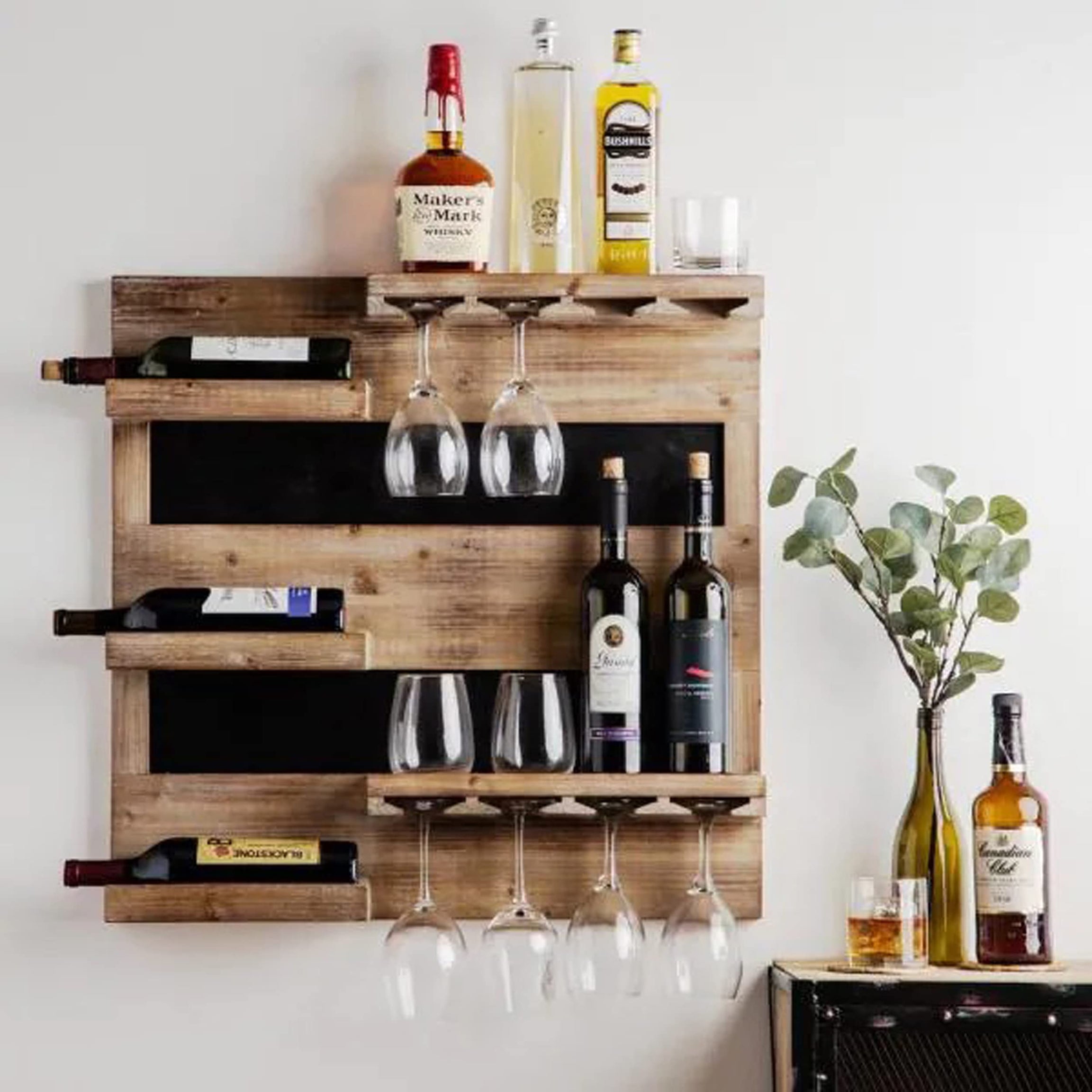 INDIGO INTERIORS Jorden Wooden Wall Hanging Design Bar | Bar Cabinets for Home | Mini Bar for Home | Solid Wood Make Wine Storage Cabinet with Glass Hanging Space-Walnut Finish (Lichhu)