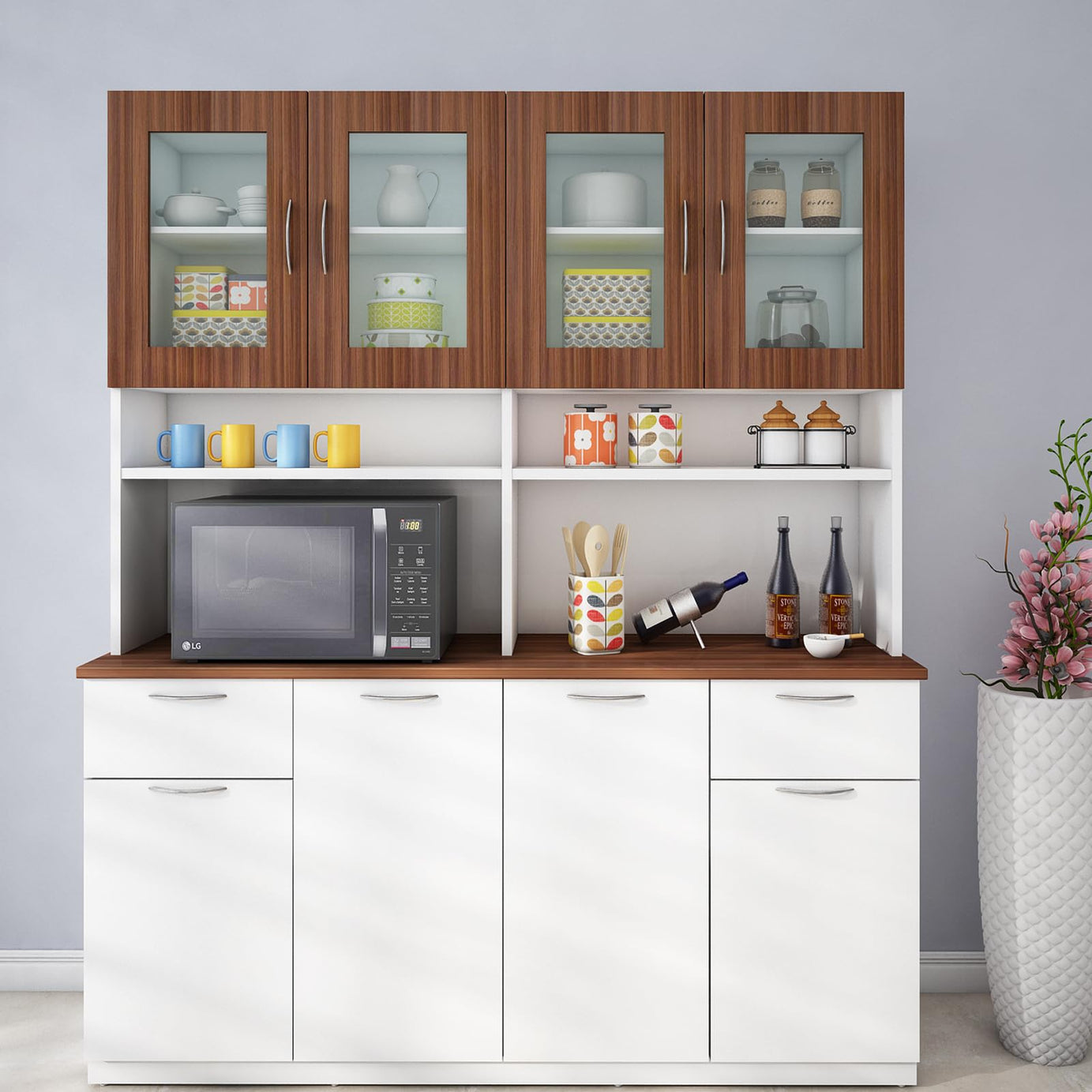 Woodbuzz| Modish 4 Door Crockery Unit | Walnut and Frosty White