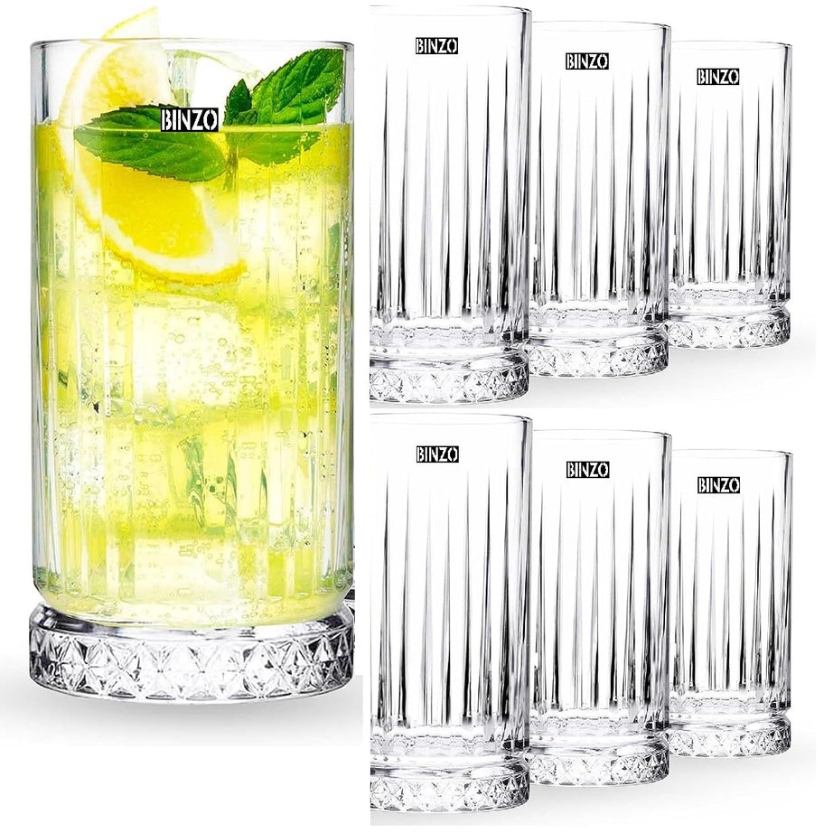 BINZO Glass Crystal Highball Glasses Set of 6, 435 ml, Tumblers for Water, Beer, Juice, Cocktail, Cold Drinks, Mojito, Tall Heavy Base Drinking Ribbed Glasswares (Ribbed Design, 435 ml, Set of 6)