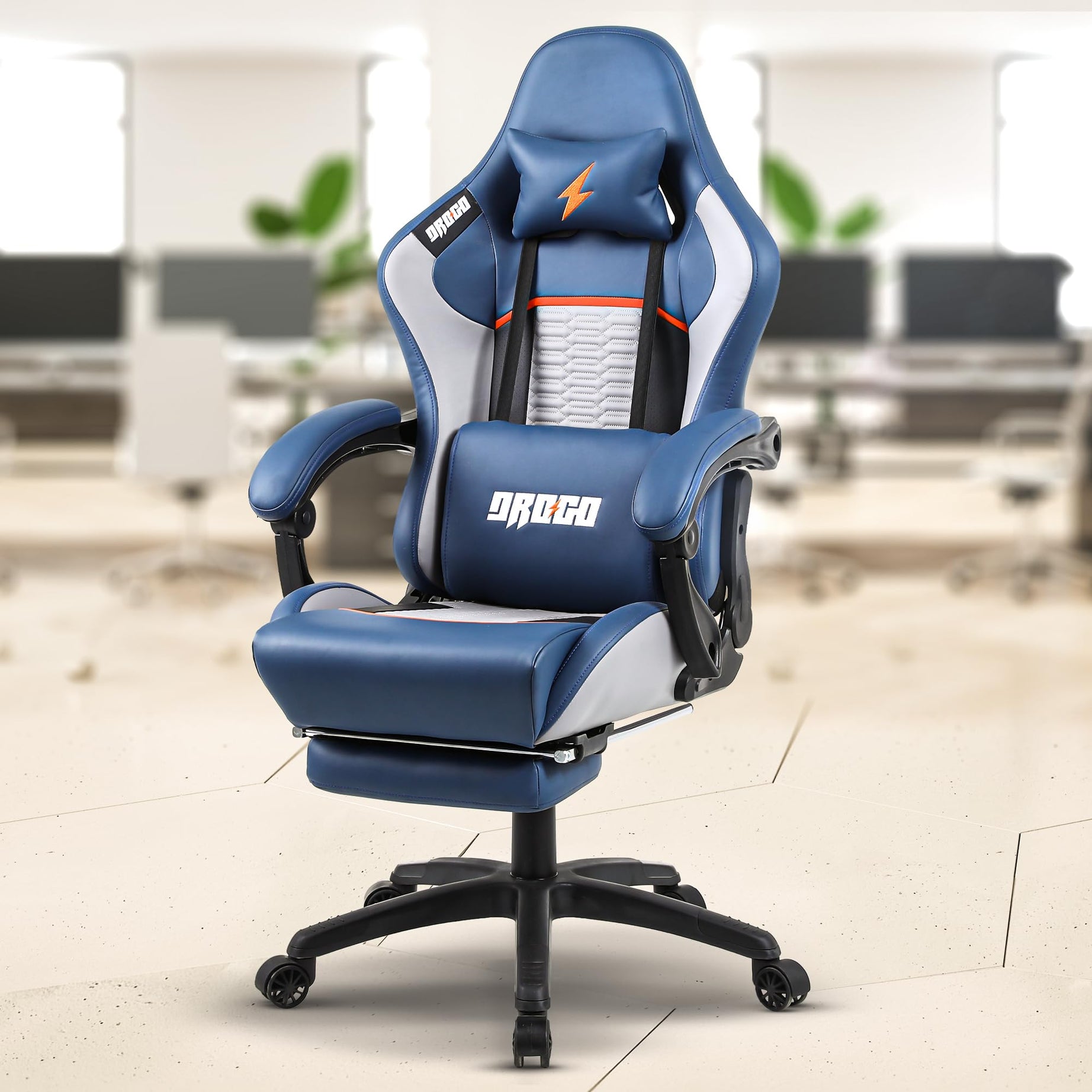 BAYBEE Drogo Multi-Purpose Ergonomic Gaming Chair with 7 Way Adjustable Seat, Head & USB Massager, PU Leather Lumbar Pillow Home & Office Chair with Full Reclining Back Footrest (Racer Blue)