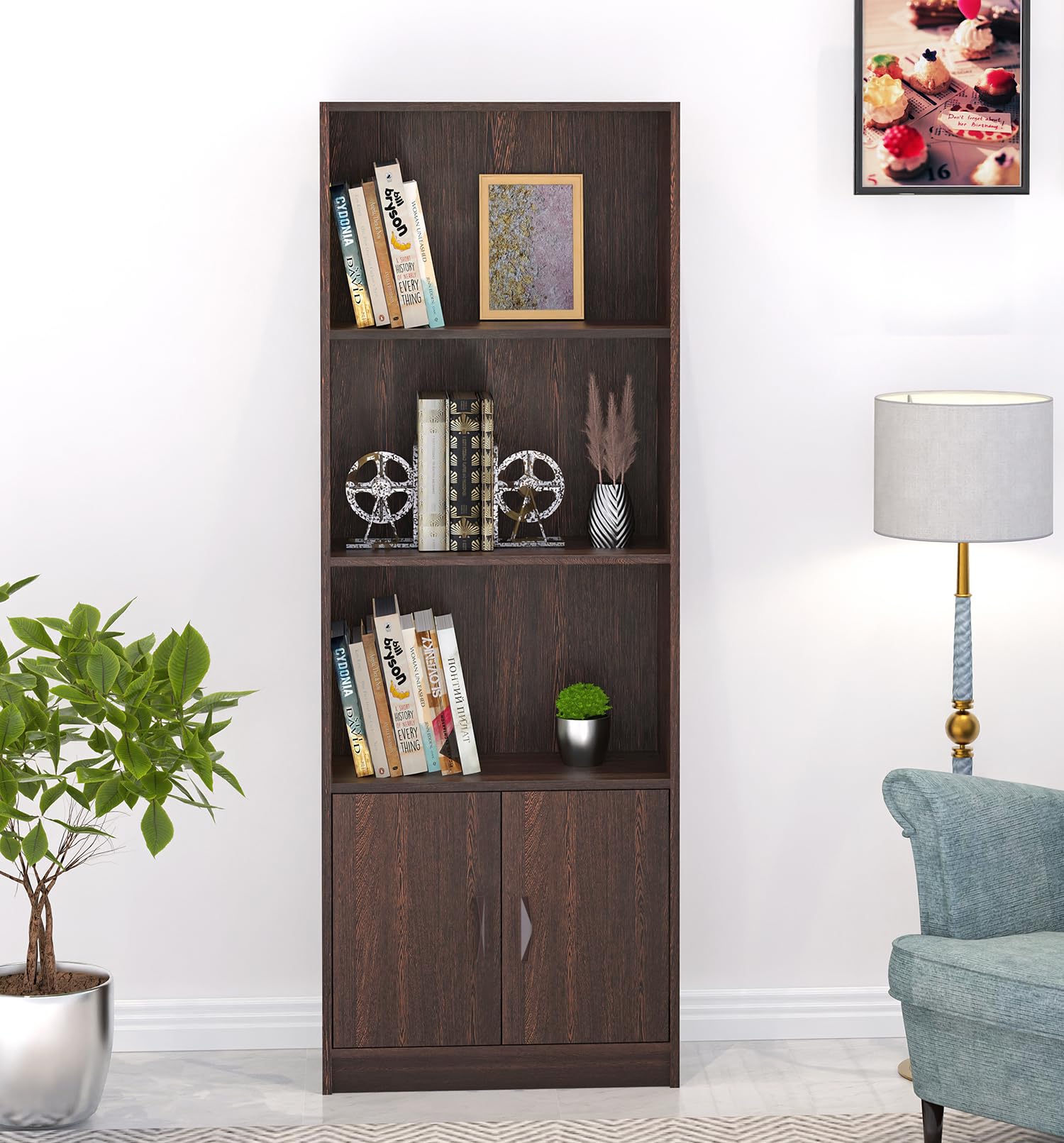 BLUEWUD Seonn Engineered Wood Bookshelf Cabinet Book Rack Organizer with Shelves for Décor Display and 2 Doors Cabinet Floor Standing for Home Library (Wenge)