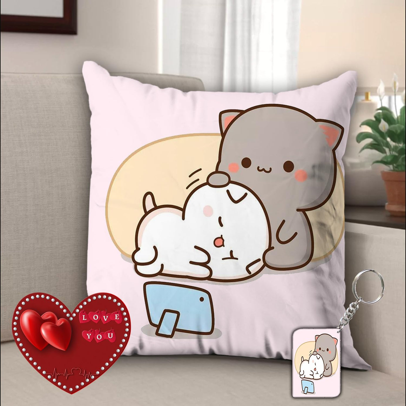 AWANI TRENDS Peach and Goma Mochi Cat Pillow Cushion,Gifts for him, Boyfriend,Girlfriend,Valentines Gift for Girlfriend,Valentine Pillow for Couple, Peach Goma Pillow with Keychain and Card Design 3