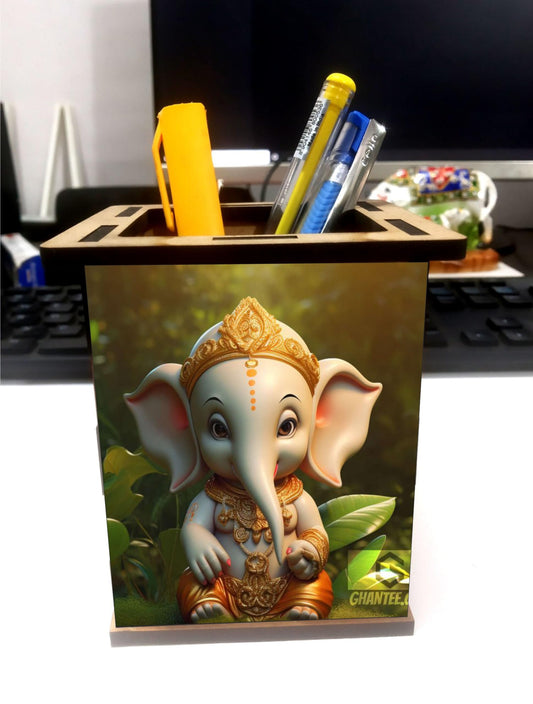 jwalpa Creation Wooden Pen Stand with Hand Painted photo Return Gift Office Stationery Pen Holder, Multicolor Desk Organizer Pen And Pencil Holder (Ganesh ji -07-penstand)