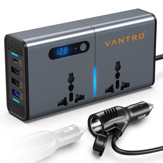 Vantro 200W Car Power Inverter/Laptop Charger with 3 USB (6.2A Max) & 1 C Type(1*27WPD) Smart USB Ports, 2 AC Universal Outlets and 12V DC to 220V AC with QC3.0 Model P2