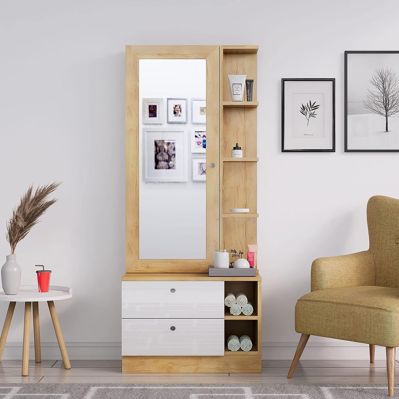 Bniture Dressing Table with Mirror Two Drawer Storage and Shelves (Giant Wood & Frosty White)