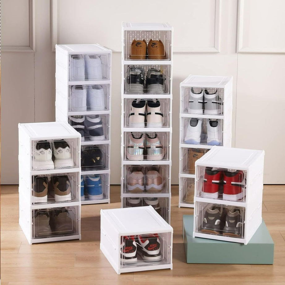 Primelife Plastic Stackable Cabinet Foldable Shoe Rack Container Transparent Shoe Sneaker Box (Shoe Rack, 3 Layer)