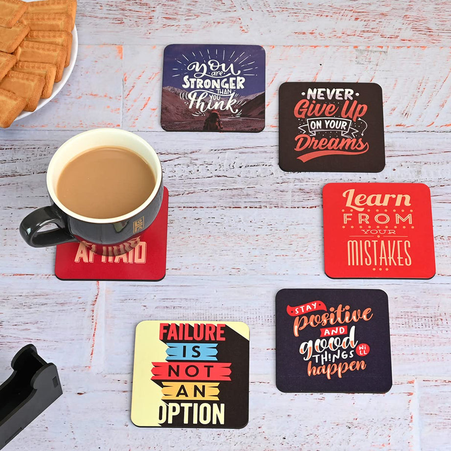 Gift Kya De Gkd Coaster Set Of 6 Motivational Wooden Coasters With Proper Coaster Stand Designer Coaster Set Fit For Tea Cups,Coffee Mugs (Square 3.8X3.8 Inch) (Motivational Quotes)