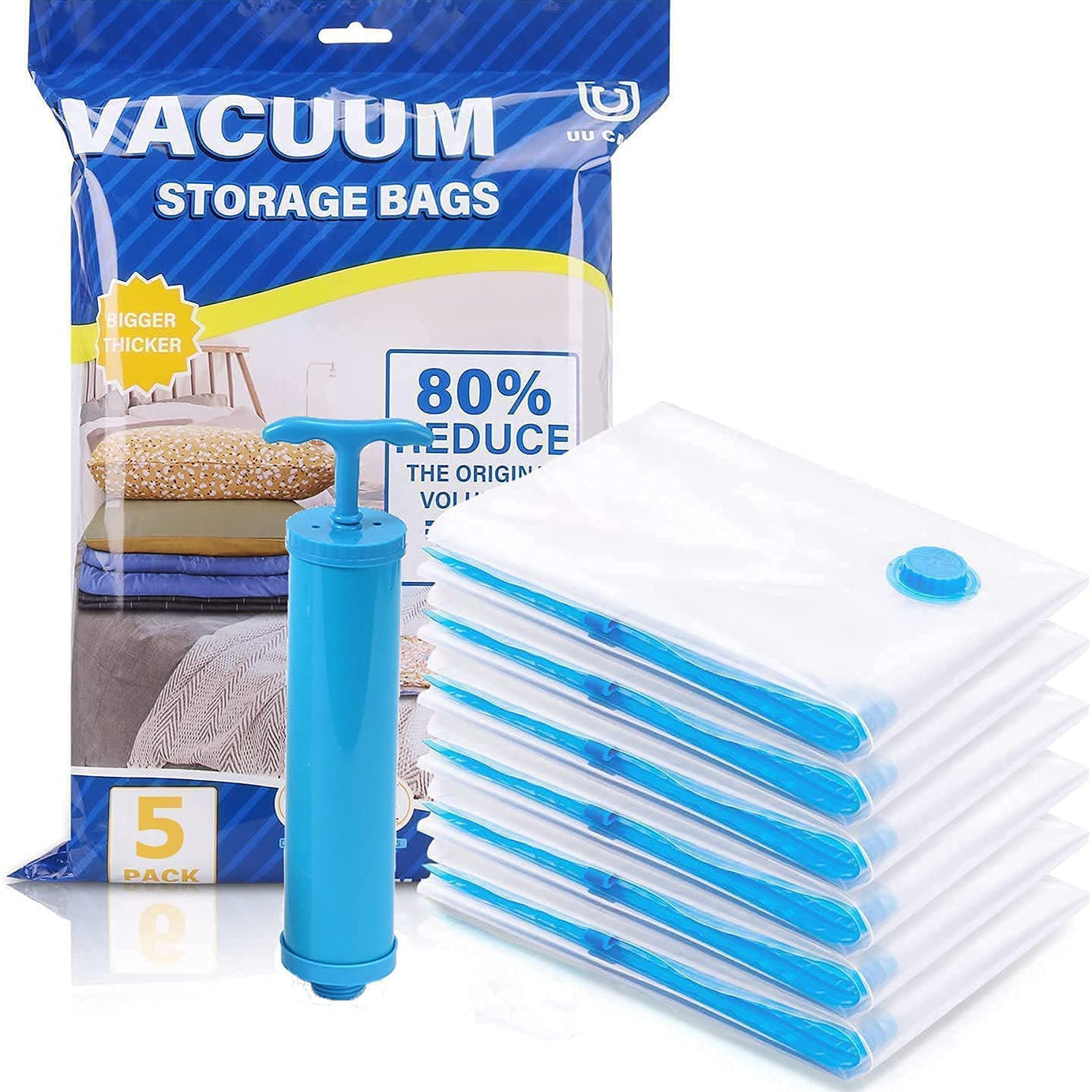 Cleanfly Space Saver (Pack of 5) Reusable Vacuum Storage Ziplock Compression Sealer Bags for Travel clothes & home with hand Pump 2 Small (50x 70 cm), 2 Medium (60x80cm), 1 Large (80x100 cm, plastic)