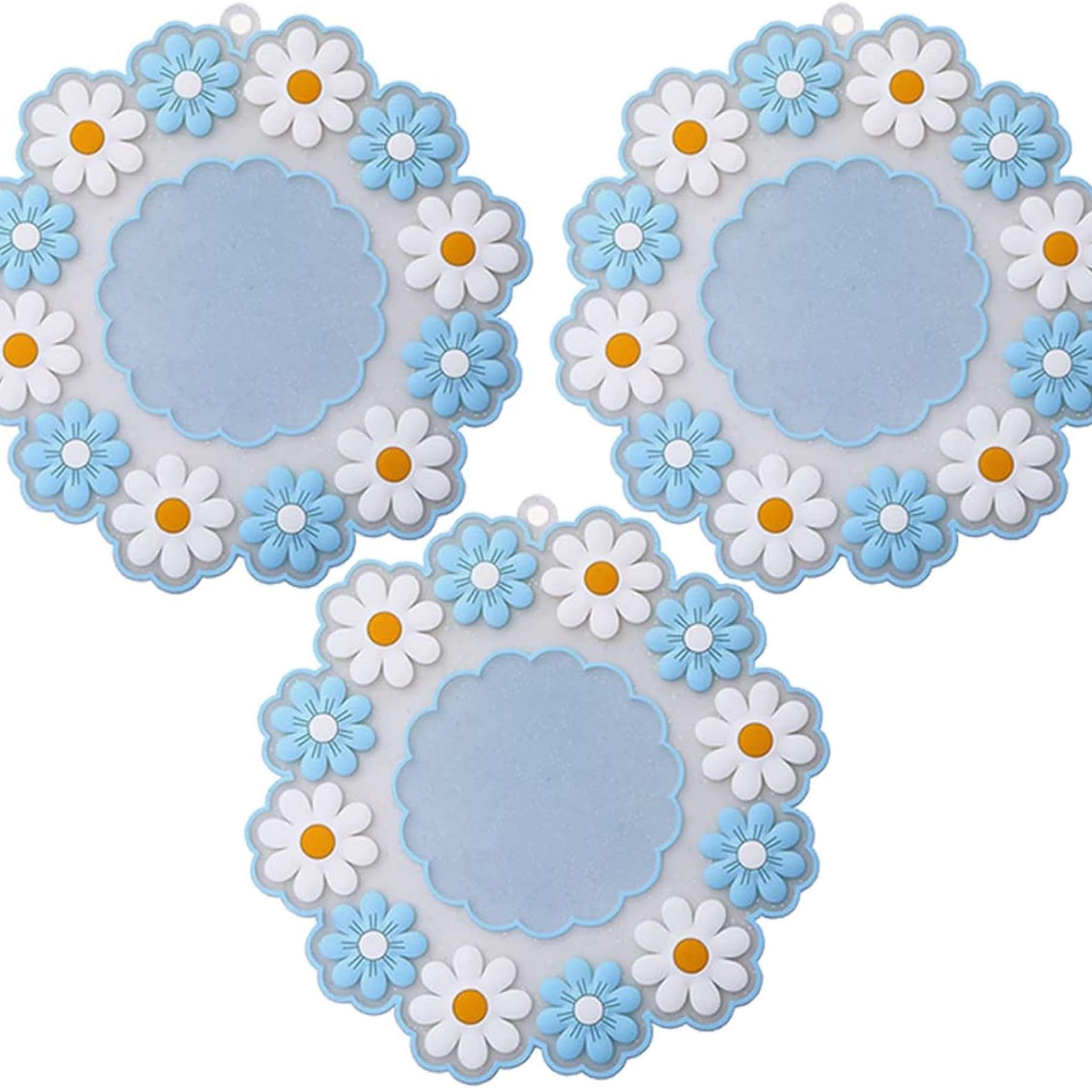 Turbid Set of 3 Small 10*10 CM Blue Silicone Coasters for Dining Table for Hot Pots, Round Daisy Flower Design, Non-Slip, Heat Resistant Trivet Mats, Dining Table Pads for Pots, Bowls, Dishes & Drinks