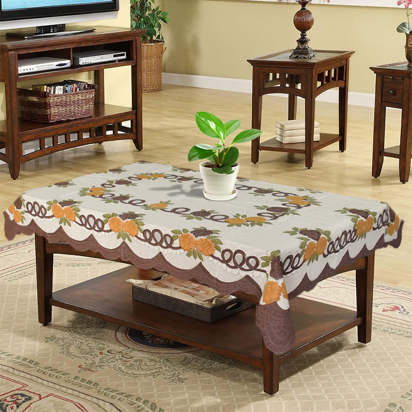 Kuber Industries Flower Printed Cotton 4 Seater Rectangular Center Table Cover,40"X60" (Cream & Brown)-44Km091 Pack of 1