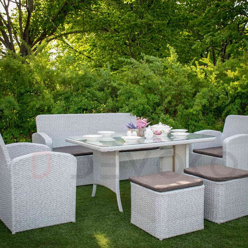 Devoko 6 Piece Patio Outdoor Waterproof Furniture Sofa, All-Weather Hdpe Rattan and Wicker Conversation Set with Cushion and Center Table for Porch, Lawn, Garden, Backyard (White & Gray)