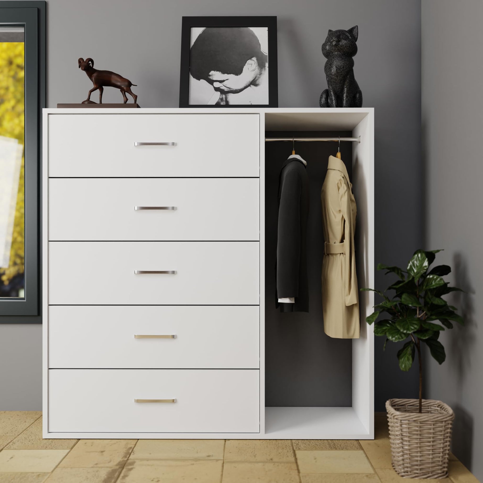 VIKI Chest of 5 Drawers with Cloth Hanger for Storage/Chest of Rack/Chest for Clothes, Engineered wood, Suede Finish, Frosty white KAYAL