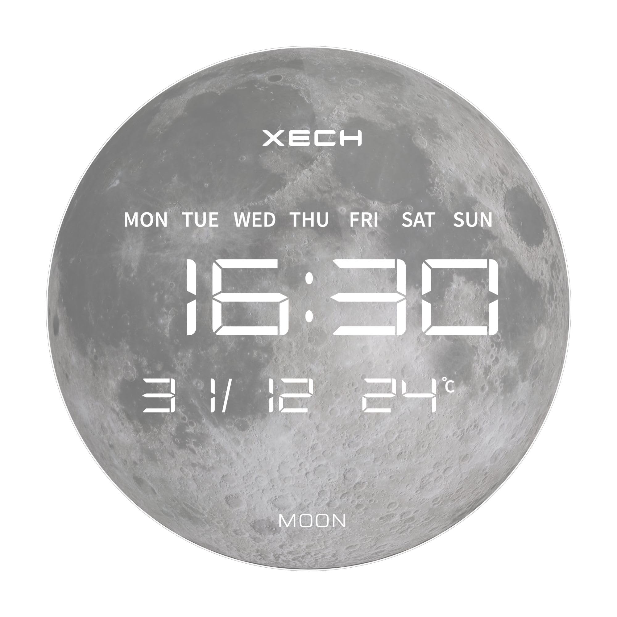 Xech Digital Wall Clock for Home Stylish LED Large Wall Clock for Home Stylish Glass Clocks USB Powered Modern Clock for Bedroom Living Room Office (Solaris Plus) (Moon) (34cm x 34cm)