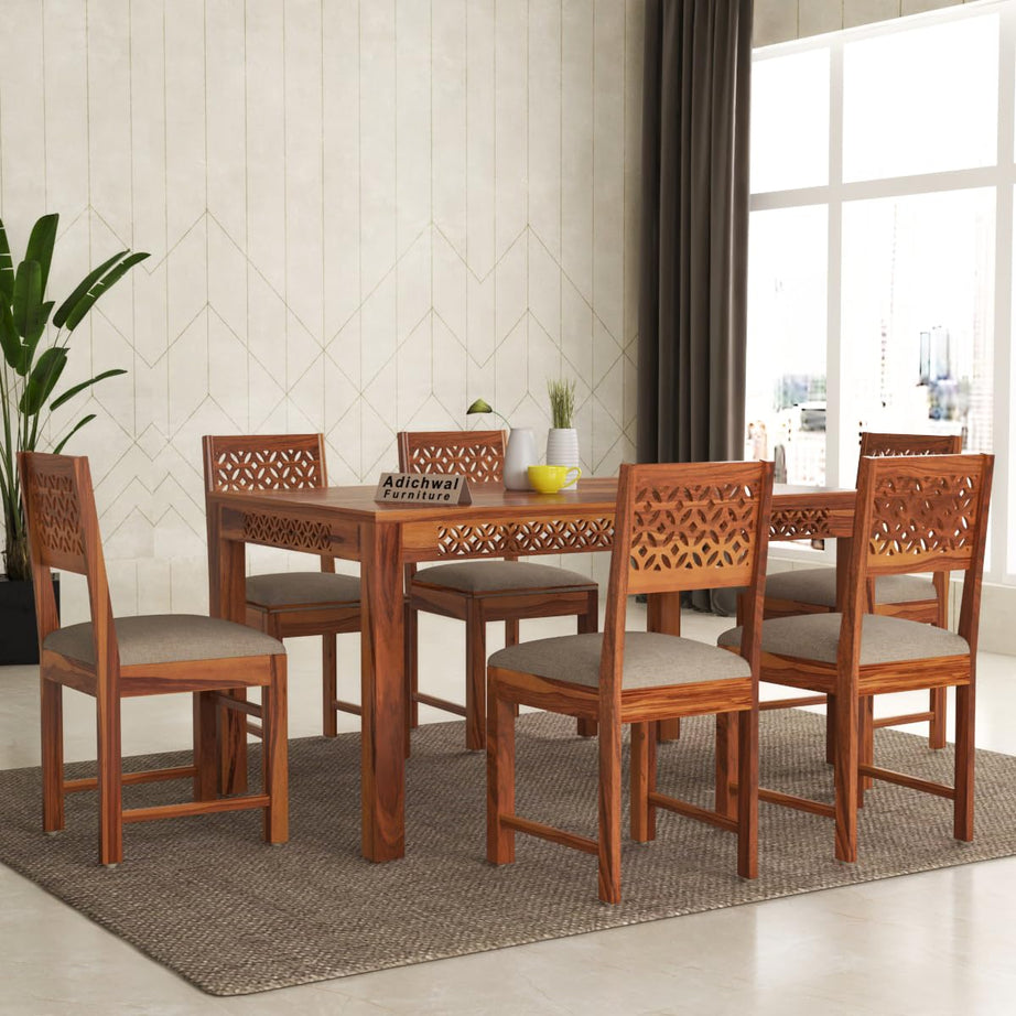 Adichwal Furniture Solid Sheesham Wood 6 Seater Dining Table Set with Cushioned Chairs for Dining Room | Living Room | Home & Office | Hotels Restaurant & Cafe (6 Seater, Honey A)