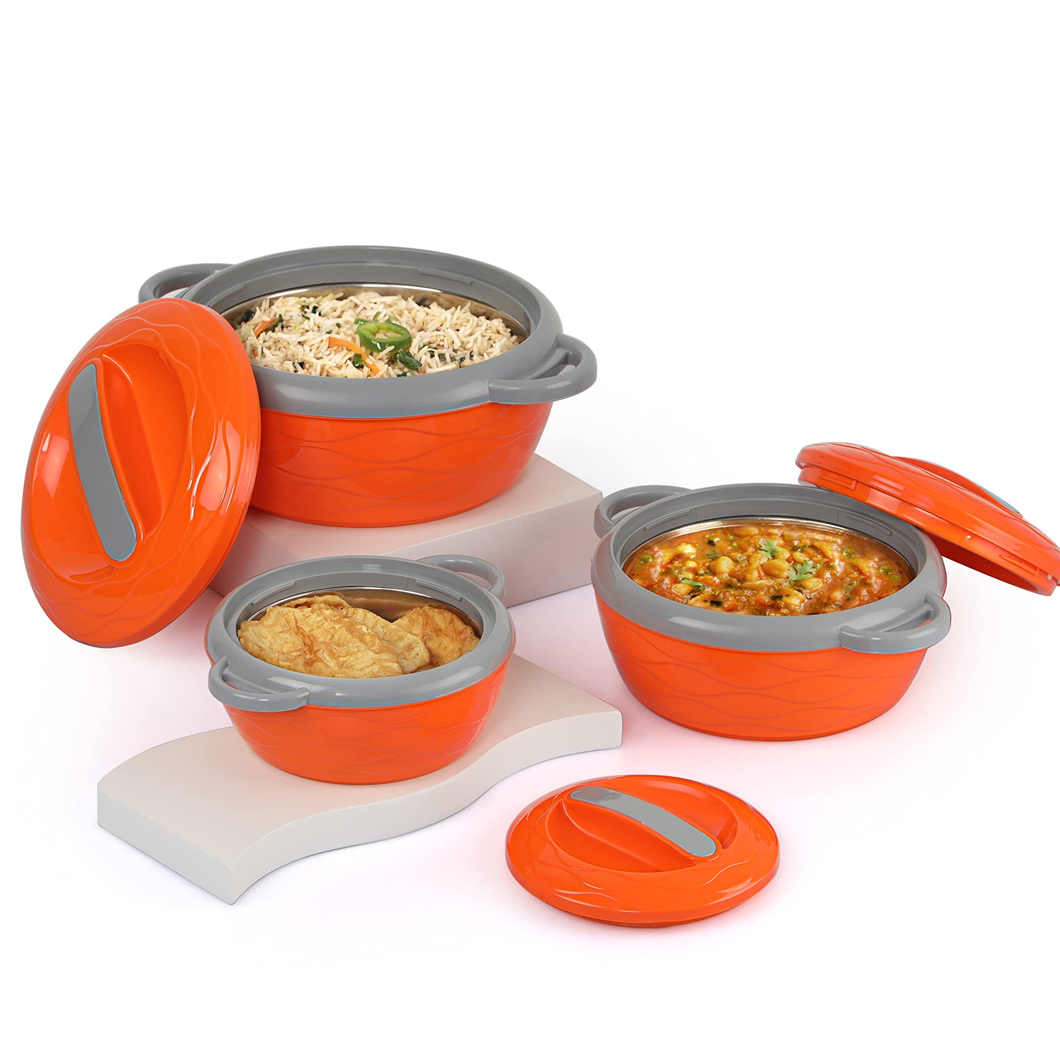 Cello Hot n Fresh Casserole Set with Inner Stainless Steel - (Orange, 500ml, 1000ml, 1500ml) - Set of 3