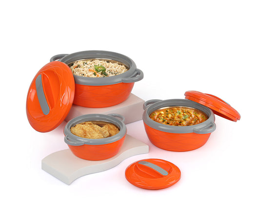 Cello Hot n Fresh Casserole Set with Inner Stainless Steel - (Orange, 500ml, 1000ml, 1500ml) - Set of 3