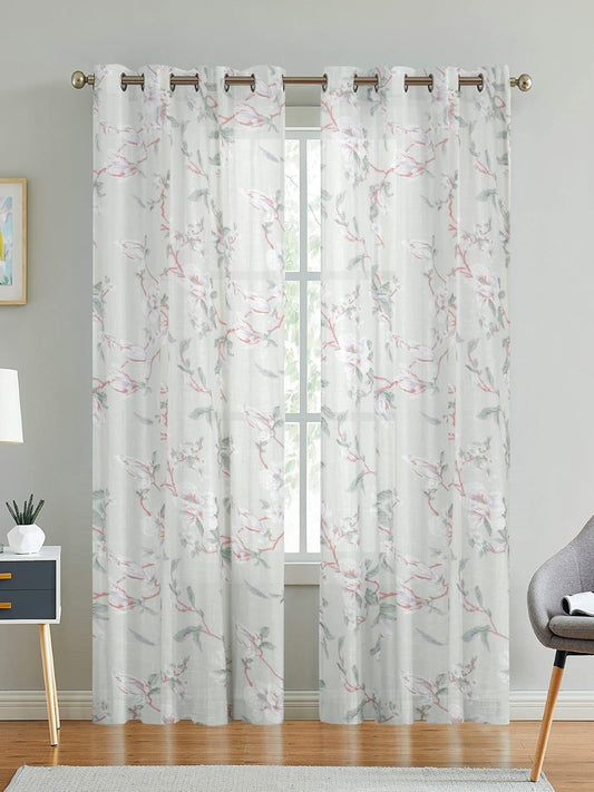 LINENWALAS Cotton Linen Sheer Curtain Set with Eyelet Ring Draperies for Living Room/Bedroom Vintage Classical Floral Print Door Treatment - (Vintage Floral - 4.5X 7 ft)