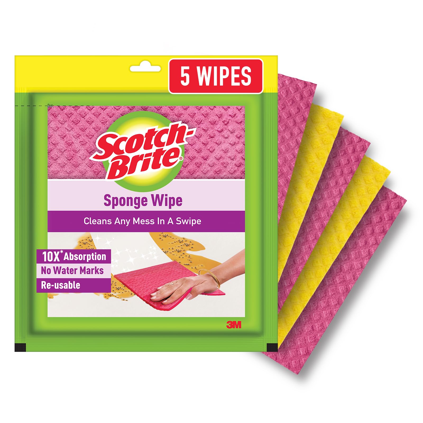 Scotch-Brite Sponge Wipe Resusable Kitchen Cleaning foam Cellulose wood Sponge- Easy to use, Multi- color & Biodegradable (pack of 5)