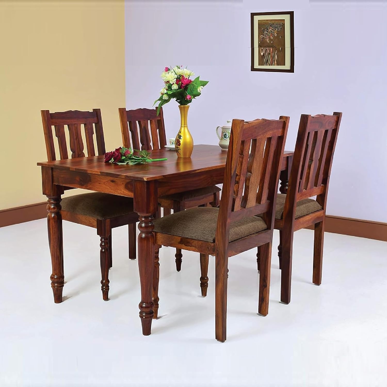 Furniseworld Dining Table 4 Seater with Cushion Chair Sheesham Wood Four Seater Wooden Dining Room Set Dinner Table Furniture for Living Room Home Restaurant (Maple Finish)