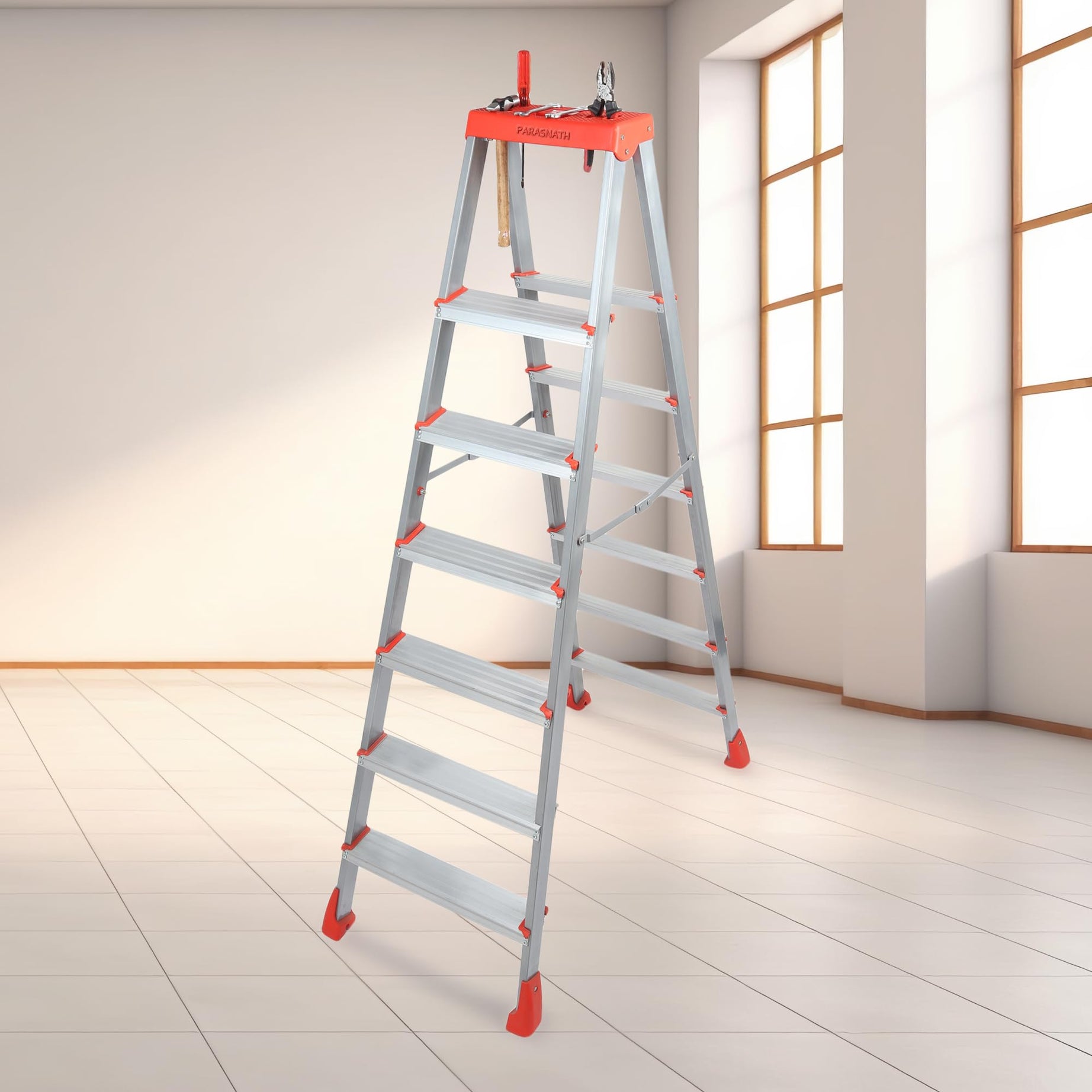 PARASNATH 6 Step 2Way Ladder Orange Silver Colour Step Ladder with Tool Tray Mild Steel Ladder with Aluminium Steps Ladder for Home - Made in India