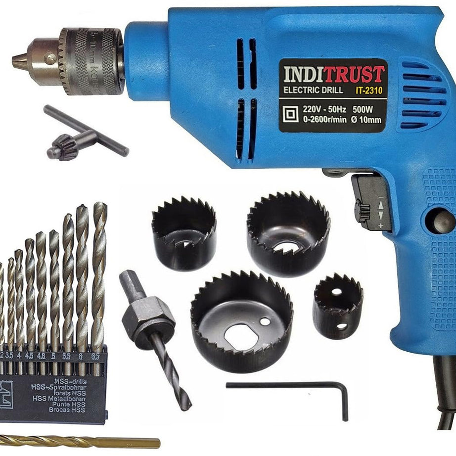 Inditrust new with 6 months warranty Reversible Drill machine 10mm 500W with 6pc holesaw set 13pc HSS & 1pc masonry bit (Pack of 4) Pistol Grip Drill