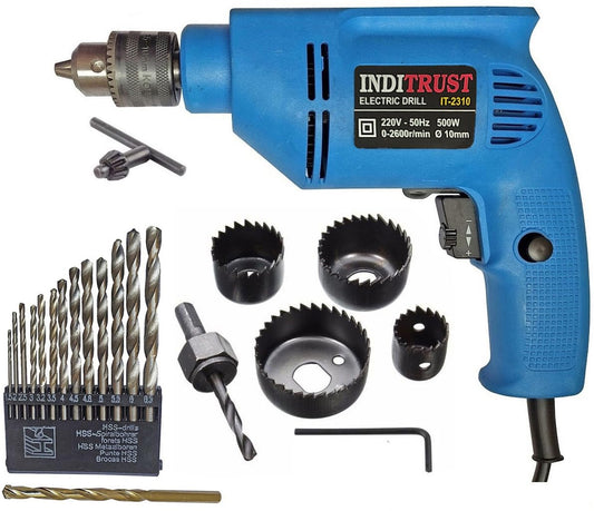 Inditrust new with 6 months warranty Reversible Drill machine 10mm 500W with 6pc holesaw set 13pc HSS & 1pc masonry bit (Pack of 4) Pistol Grip Drill