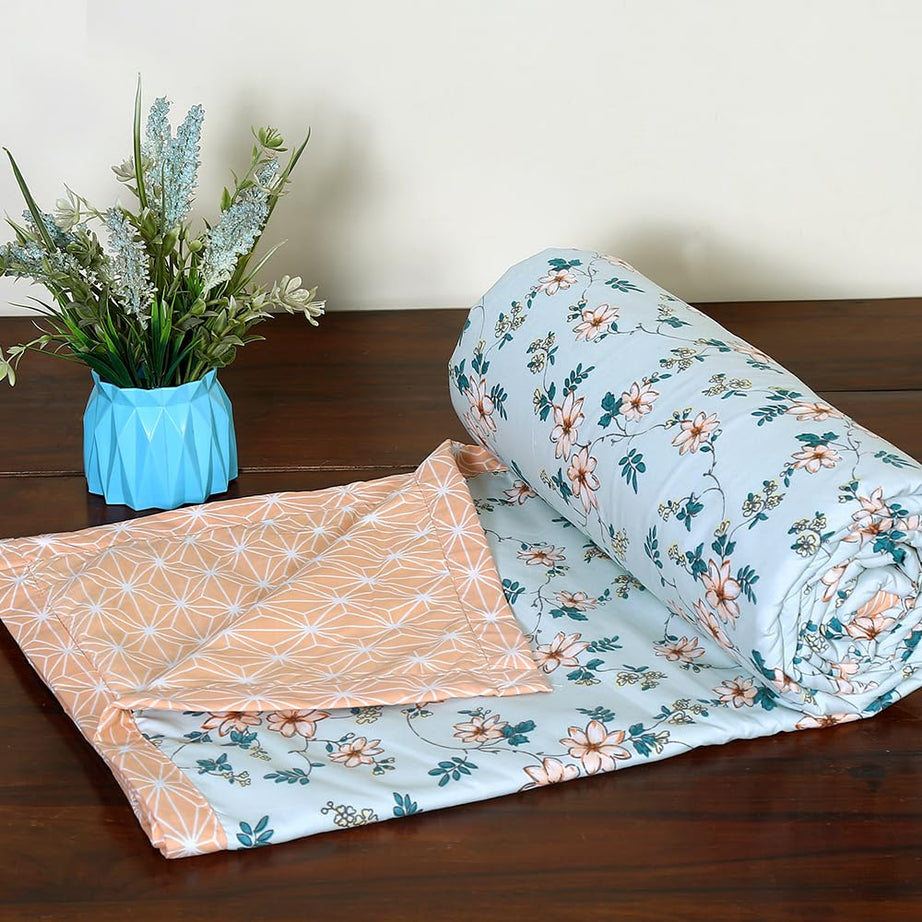 VAS COLLECTIONS 120 GSM Premium Cotton Printed Dohar/AC Blanket for Double Bed Size (90 x 86 inches) |Ultrasoft & Lightweight |Double - 228x220 cms-Sky & Light orange