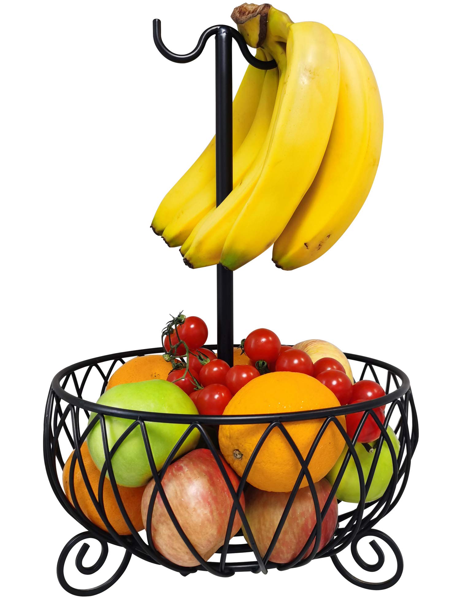 Large Wire Fruit Basket Bowl Stand with Banana Hanger,Fruit Bowl with Banana holder Black