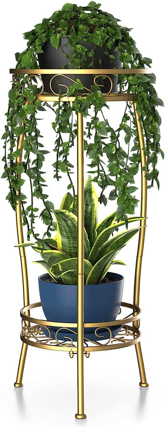 SenceWin Decore Plant Stand Indoor Outdoor, 2 Tier Metal Tall Planter Stand 26.5" Flower Stand Holder Heavy Duty Rustproof Plant Shelf Rack for Corner Garden Patio Lawn Balcony office -Gold