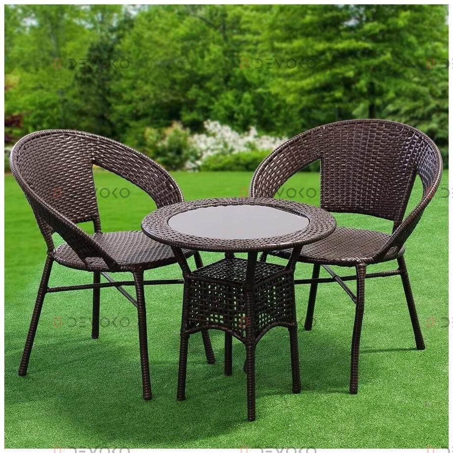 DEVOKO Outdoor Patio Furniture Sets, 3 Pieces Bistro Rattan Wicker Conversation Chairs Set with Coffee Table for Front Porch, Outside Balcony (Dark Brown)