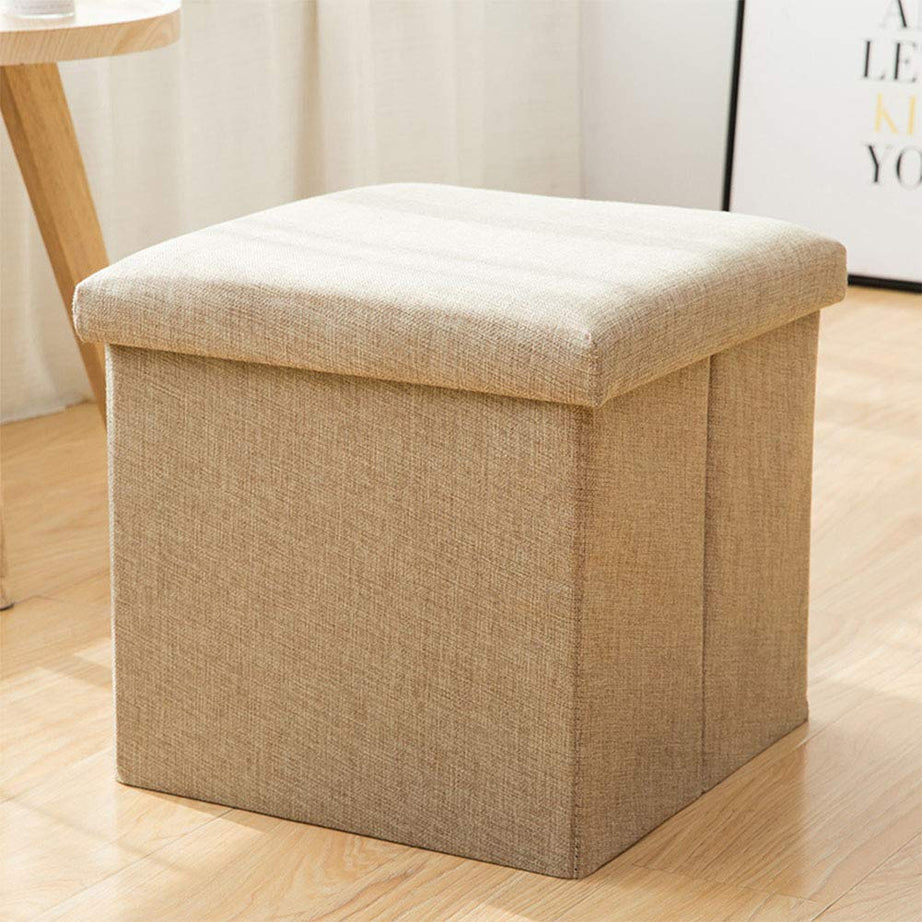 SKYFUN (LABEL) Fabric Linen Collapsible Folding Ottoman Footrest Sitting Cum Storage Cube Stool Bag Bedding Organizer (Beige)