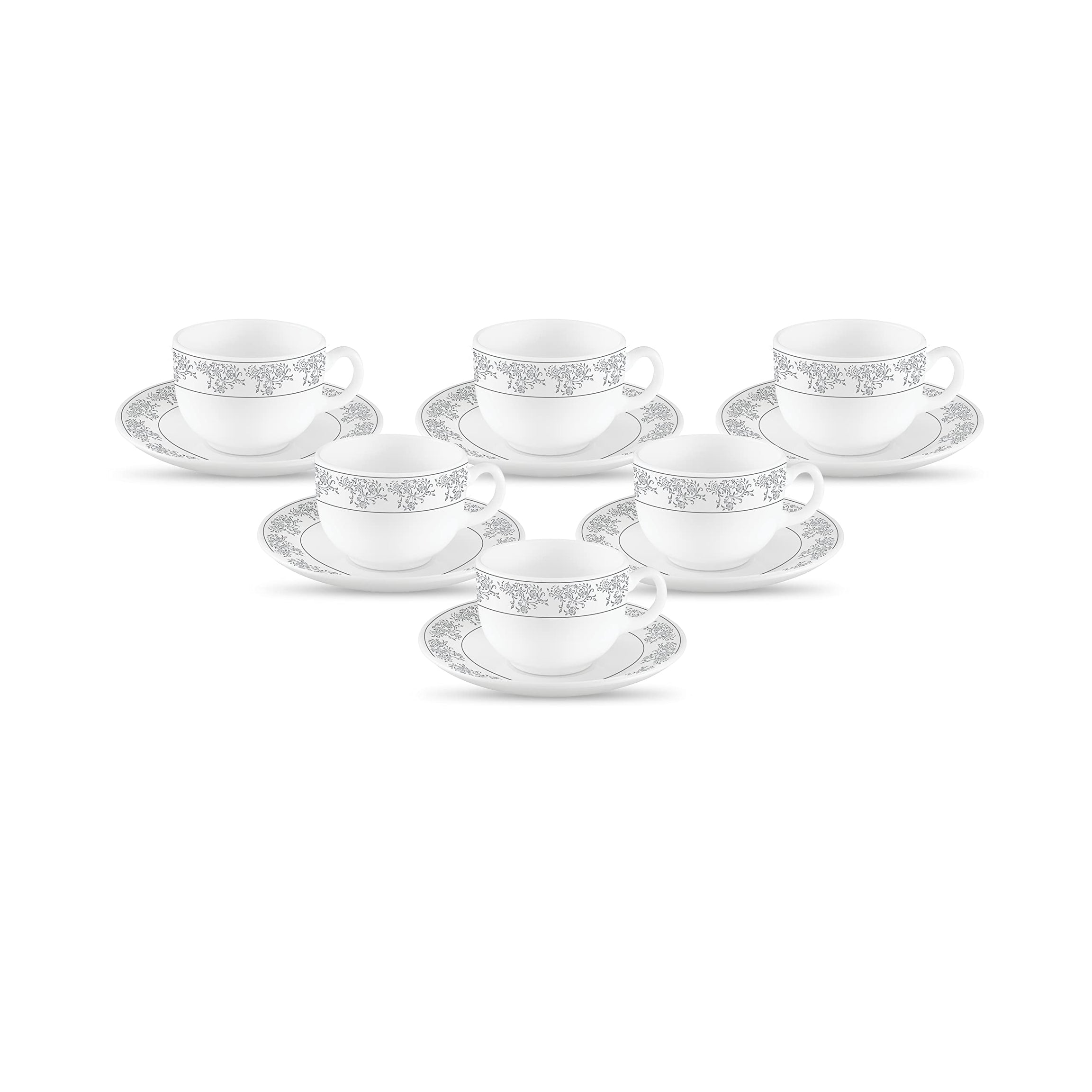 La Opala Diva, Velvett Collection Opal Glass Crockery | Cup & Saucer, Set of 12 | Aria Grey, 160 ml | for Tea & Coffee | Microwave Safe | 100% Vegetarian | Extra Strong | Super Light | Super White