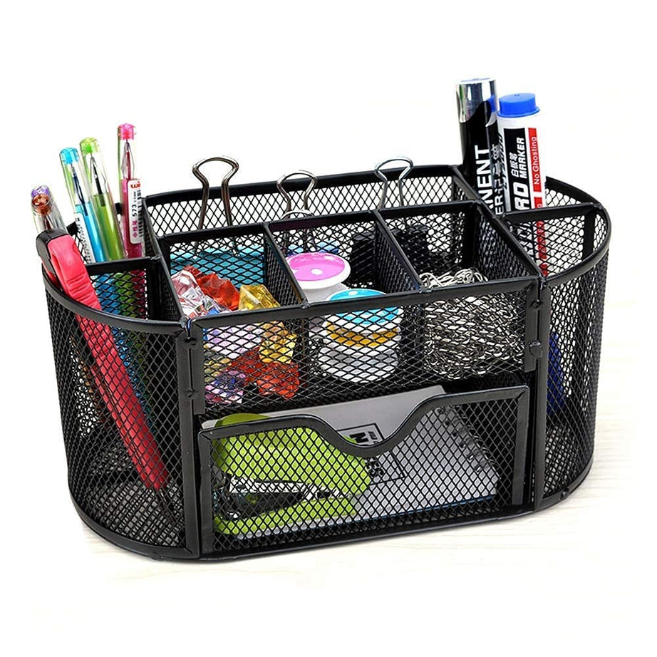 PRANIJ Multi-Functional Metal Mesh Pen Pencil Stand Office Desk Organizer Clip Holder - 9 Compartment (Black)