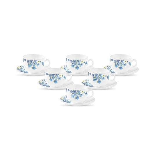 La Opala Diva, Opal Glass Crockery | Coffee Cup & Saucer Iris, Set of 12 | Aster Blue, 100 ml | for Tea & Coffee | Microwave Safe | 100% Vegetarian | Extra Strong | Super Light | Super White