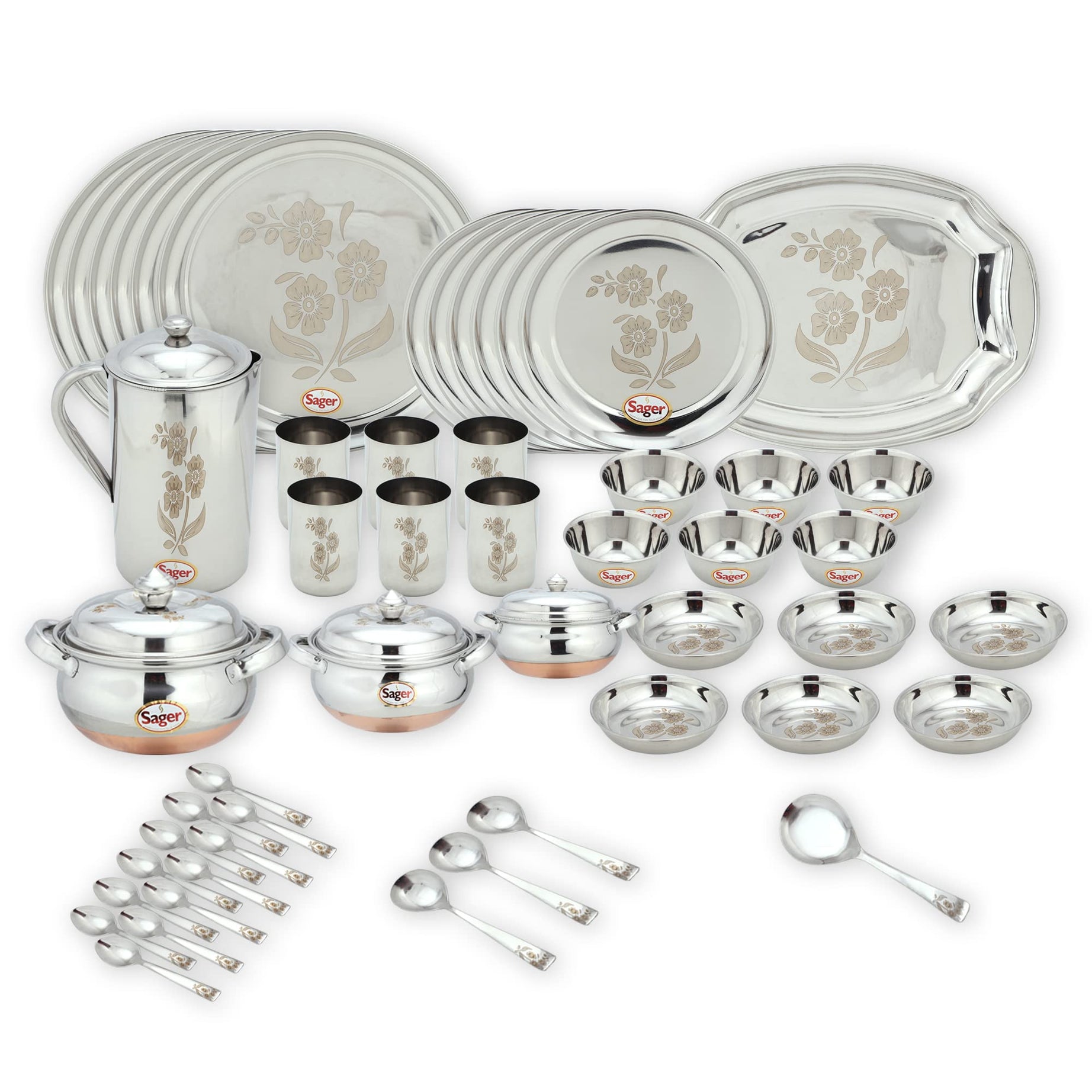 SAGER Stainless Steel Dinner Set - 51 Pieces, Silver, Floral