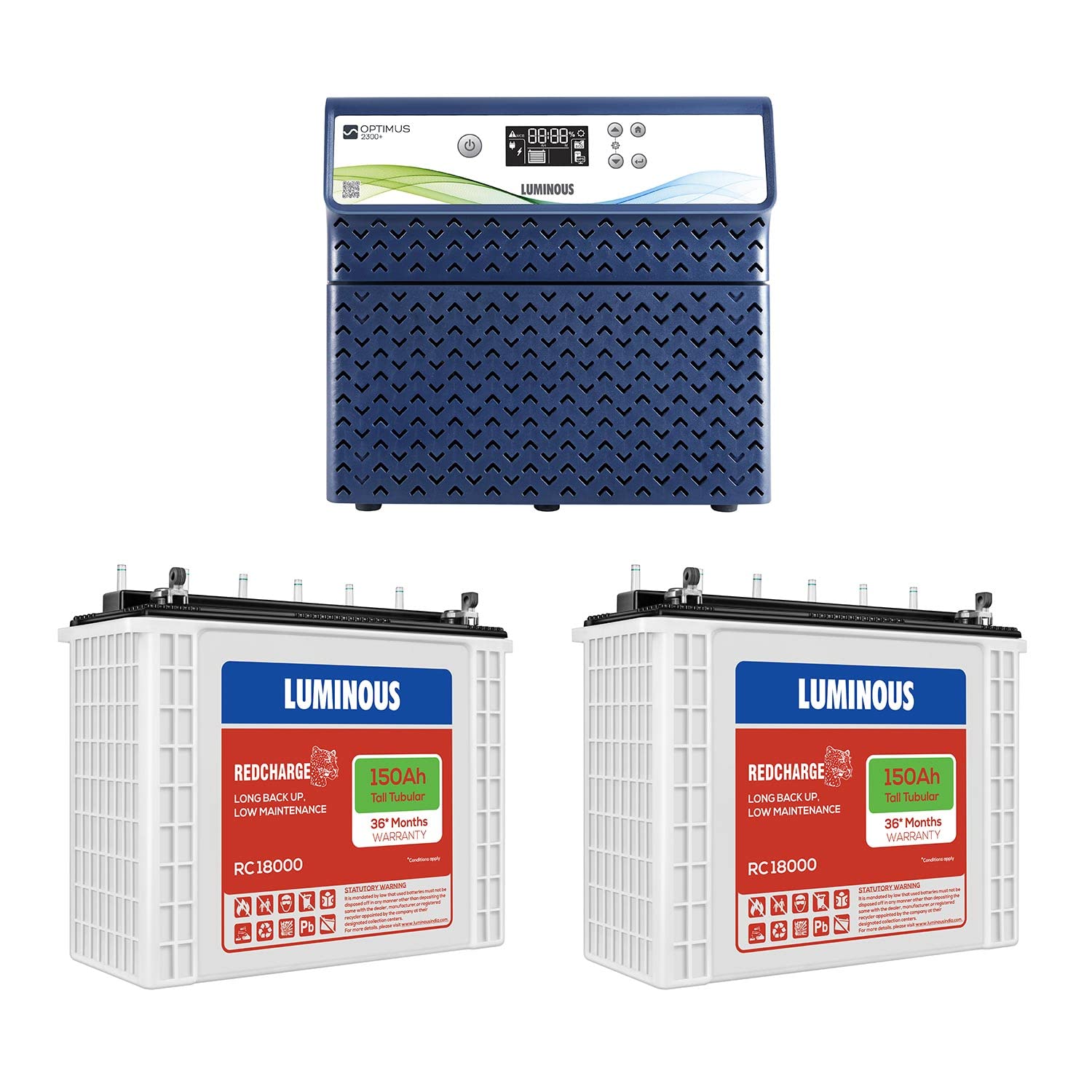 Luminous Inverter & Battery Combo (Optimus 2300 Pure Sine Wave 2000VA/24V Inverter with Red Charge RC18000 Tall Tabular 150Ah Battery - 2 Batteries) for Home, Office & Shops