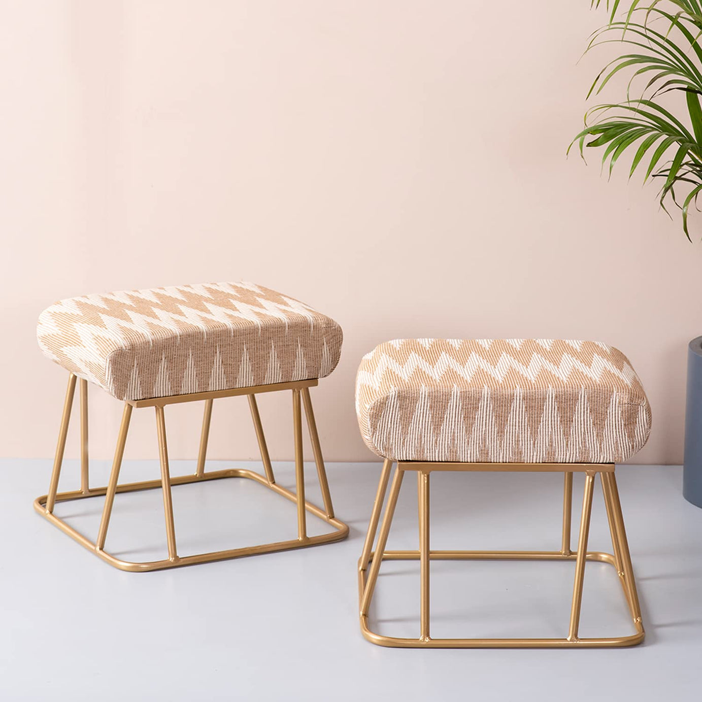 nestroots ottoman stool for living room set of 2 stool for sitting |metallic ottoman stool for bedroom pouffes side table (14.5 inch Yellow zigzag)