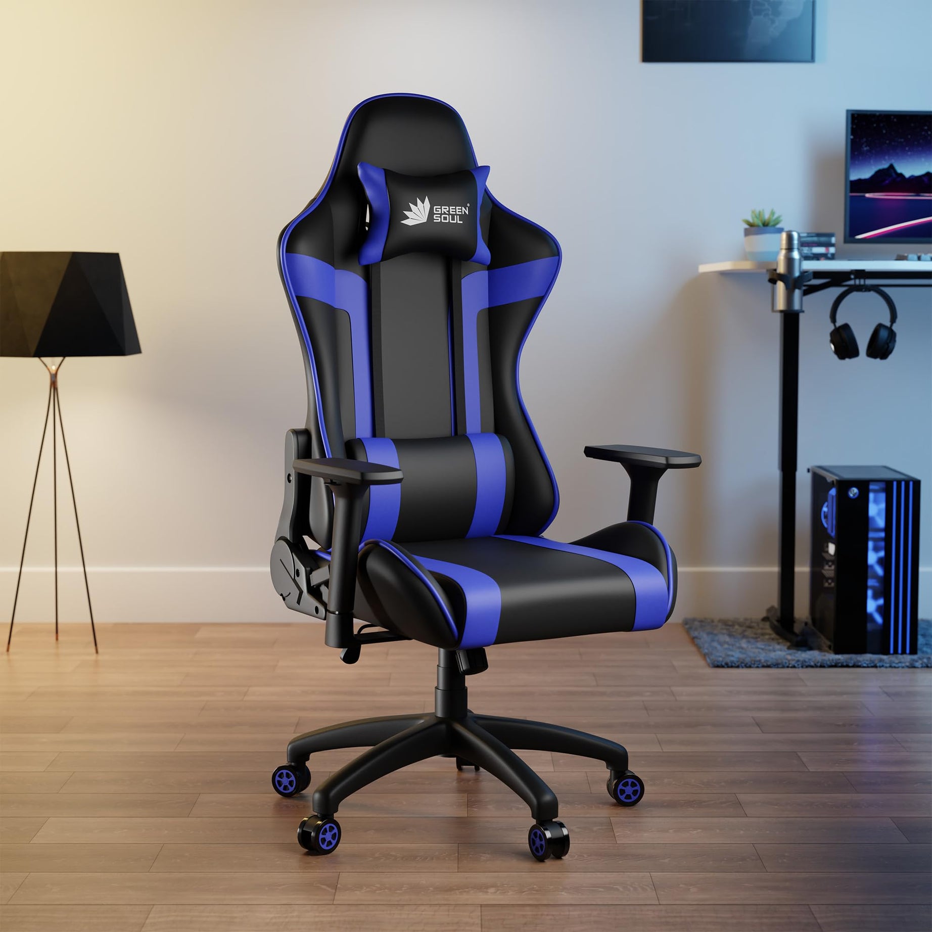 Green Soul® Raptor 2.0 Racing Edition Ergonomic Gaming Chair with Premium PU Leather, Adjustable Neck & Lumbar Pillow, 3D Adjustable Armrests & Heavy Duty Nylon Base (Black & Blue)